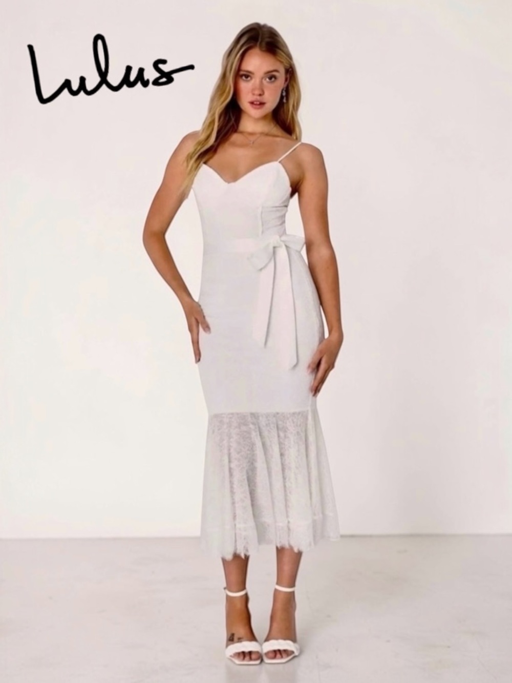 Lulus White Lace Bustier Midi Dress NWT Small Sweetheart Tie Waist - Picture 15 of 15